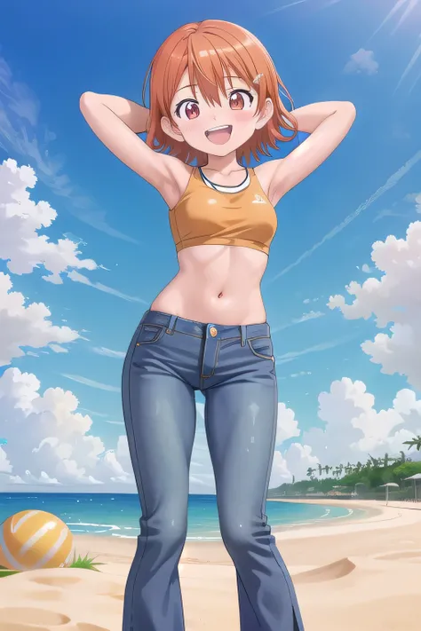 masterpiece,best quality,ultra detail,1girl, 14yo, petite, ((round face, ecstasy, orgasm face, drooping eyes, shame smiling, blush)), dropping eyes, sleepy, background((under the beach, (day:1.2), under sand beach, bright sky)), takenouchi_sora, short hair...