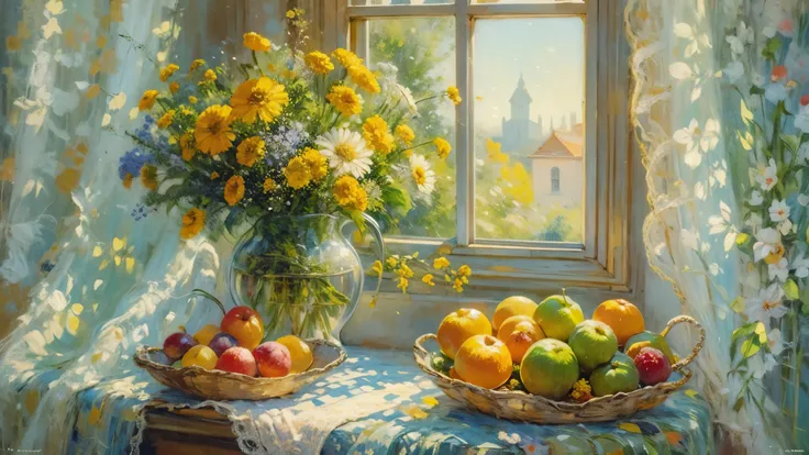 oil painting still life, vintage illustration of a window at the sunny day, iridescent light, soft light, lacy curtains, flowers, fruits, dynamic light