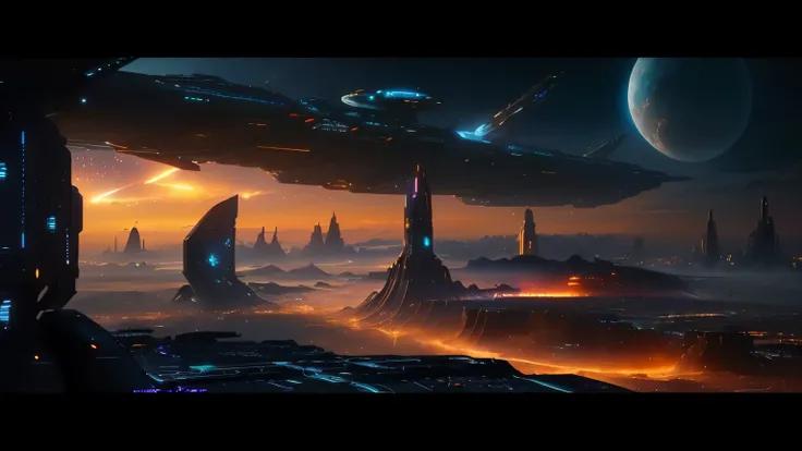 a view of a futuristic city with a spaceship flying over it, epic scifi fantasy art, sci fi epic digital art, beautiful sci fi art, sci fi artwork, sci fi art, sci-fi fantasy art, depicted as a scifi scene, dark sci-fi art, epic beautiful space scifi, scie...