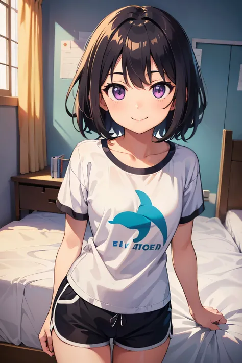  Elementary School   Flat Chest Black Hair Wavy Short Hair Purple Eyes Open Smile（（One person）） Black short-sleeved T-shirt　 Lower Body Dolphin Shorts 　 girls room　In front of the bed　 standing