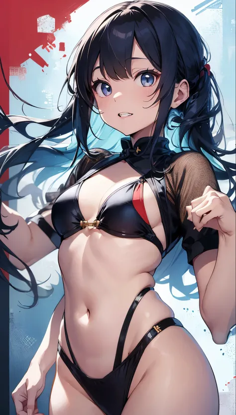         depicts a young Japanese woman        。    dont draw with your fingers hidden    ､ Chinese flag bikini      、  teeth、   looks young and beautiful 、   Japanese woman with an overall elegant and charming vibe      。         standing against a soft an...