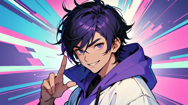 "A cheerful cartoon-style young man in his 20s, with Korean features, wearing a casual purple hoodie. He has a trendy, slightly tousled hairstyle inspired by K-pop aesthetics. The character is waving and saying Hi to the viewers with a warm, friendly smile...