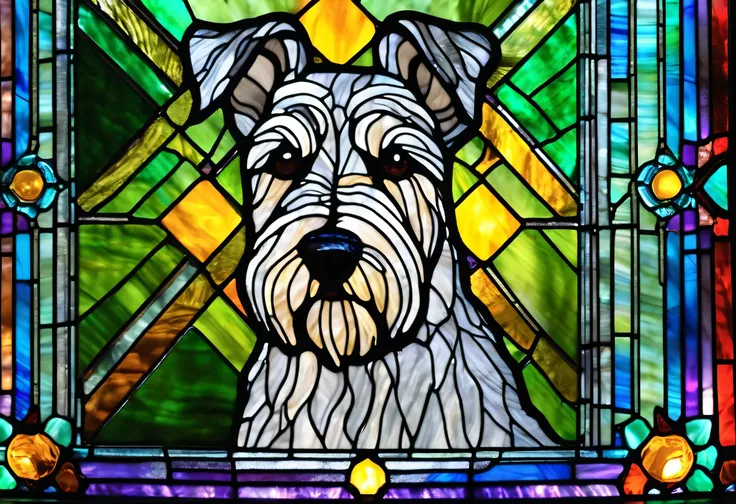 a close up of a stained glass window with a schnauzer on it, stained glass style, stained glass art, stained glass!!, stained glass, schnauzer themed, stain glass, psychedelic schnauzer, inspired by Pascal Blanché, schnauzer, green stained glass, stained g...