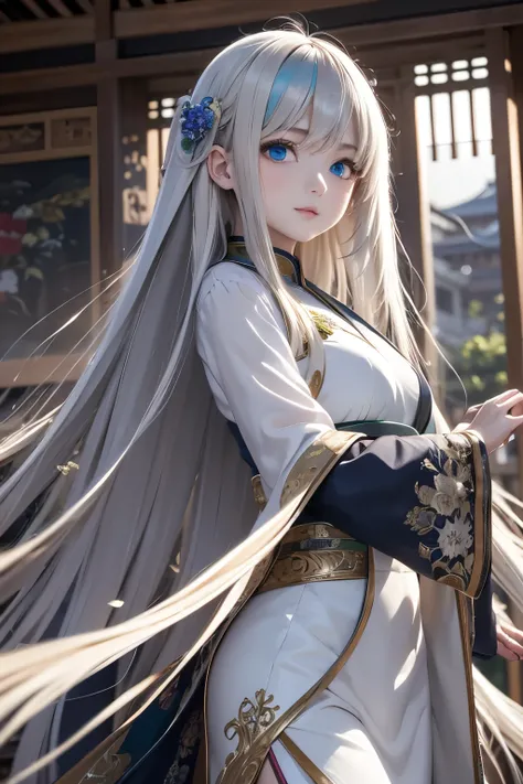 masterpiece,  top quality ,  Official Art, 8k wallpaper,  very detailed,  illustration, ((1 person)),   DETAILS EYES ,  blue eyes, green gradation hanfu,  Intricate Fretwork ,   Dynamic Poses, (Rainbow long hair:1.1), (White Hair:1.2), Floating Hair,   Eas...