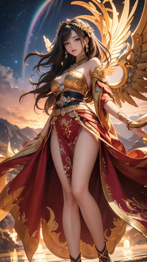 (( top quality )),( super high res),( super detailed ),( detailed description ),(( best CG )),( Best Artwork ), Ultra Precision Art, Amazing Painting Art,(Exquisite art:1.5), woman, Wings of the Sun,  Night Sky with Gems , Rainbow Wind, Waves of Light 