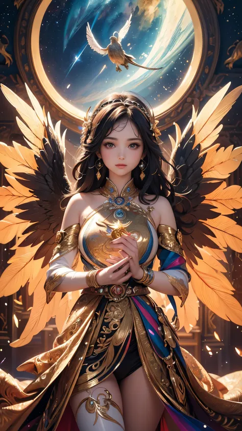 (( top quality )),( super high res),( super detailed ),( detailed description ),(( best CG )),( Best Artwork ), Ultra Precision Art, Amazing Painting Art,(Exquisite art:1.5), woman, Wings of the Sun,  Night Sky with Gems , Rainbow Wind, Waves of Light 