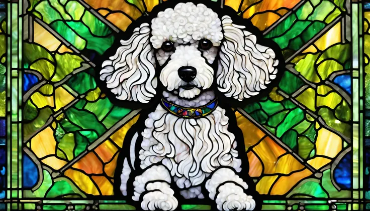 a close up of a stained glass window with a poodle on it, stained glass style, stained glass art, stained glass!!, stained glass, poodle themed, stain glass, psychedelic poodle, inspired by Pascal Blanché, poodle, green stained glass, stained glass tarot s...