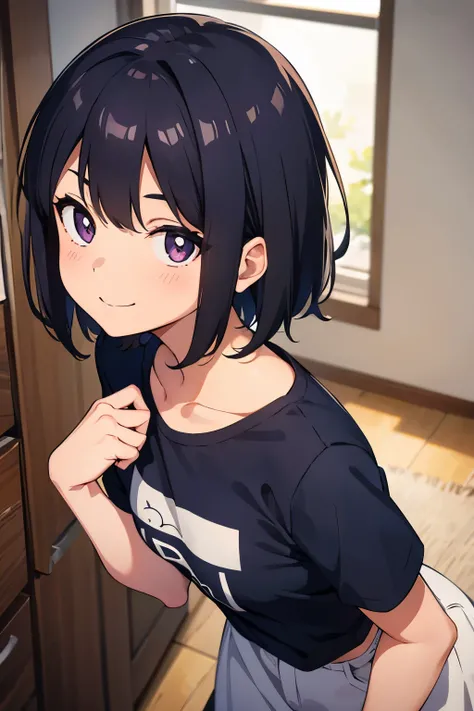  elementary school , flat chest, black hair, wavy short hair, purple pupils, open smile（（One person）） upper body black short sleeve t-shirt lower body navy blue jersey　 girls room standing in front of bed 　whole body　 dynamic angles　 lower angle 