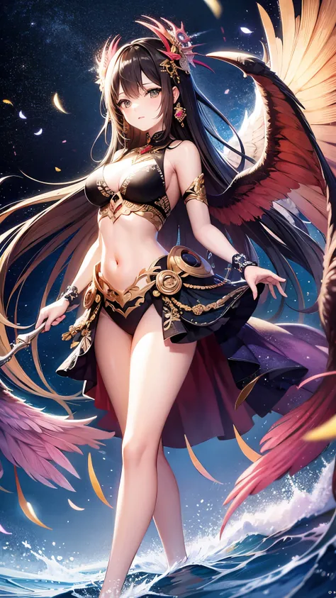 (( top quality )),( super high res),( super detailed ),( detailed description ),(( best CG )),( Best Artwork ), Ultra Precision Art, Amazing Painting Art,(Exquisite art:1.5), woman, Wings of the Sun,  Night Sky with Gems , Rainbow Wind, Waves of Light 