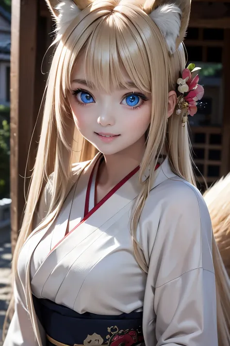 masterpiece, top quality , very detailed,photo realistic , realistic ,  Ultra High Resolution,  Masterpiece , beautiful girl, teenager,Blonde, Straight Hair , perfect eyes, VERY CUTE ,smile, fox ear,Tail, bright kimono ,Japanese traditional clothing,japane...