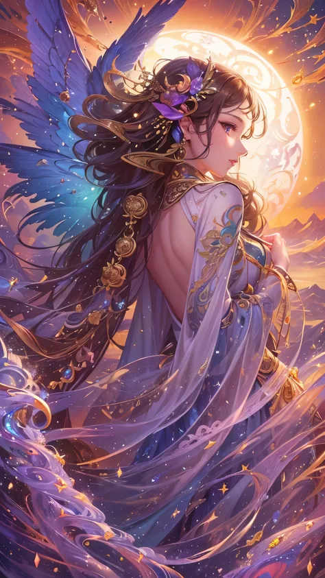 (( top quality )),( super high res),( super detailed ),( detailed description ),(( best CG )),( Best Artwork ), Ultra Precision Art, Amazing Painting Art,(Exquisite art:1.5), woman, Wings of the Sun,  Night Sky with Gems , Rainbow Wind, Waves of Light 