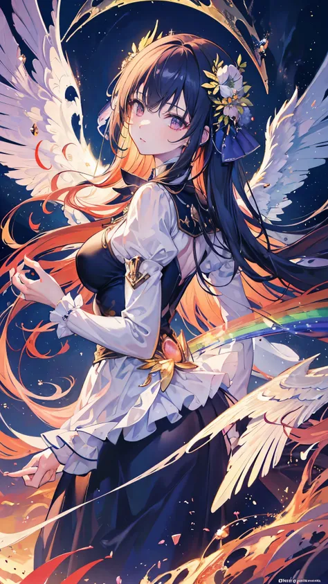 (( top quality )),( super high res),( super detailed ),( detailed description ),(( best CG )),( Best Artwork ), Ultra Precision Art, Amazing Painting Art,(Exquisite art:1.5), woman, Wings of the Sun,  Night Sky with Gems , Rainbow Wind, Waves of Light 