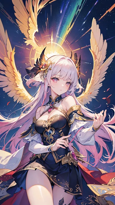 (( top quality )),( super high res),( super detailed ),( detailed description ),(( best CG )),( Best Artwork ), Ultra Precision Art, Amazing Painting Art,(Exquisite art:1.5), woman, Wings of the Sun,  Night Sky with Gems , Rainbow Wind, Waves of Light 