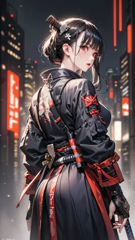  Character Concept Art Girl 、Combining Japanese Ronin Outfit with modern techwear aesthetics. ( top quality , 4K, 8k,  high res, masterpiece:1.2),  ULTRA DETAIL, ( realistic , photo realistic , photo- realistic :1.37), Japanese Ronin Outfit ,  Futuristic T...