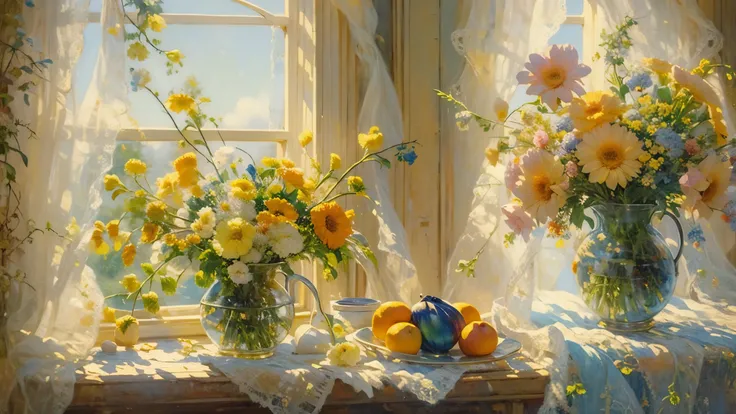 oil painting still life, vintage illustration of a window at the sunny day, iridescent light, soft light, lacy curtains, flowers, fruits, dynamic light