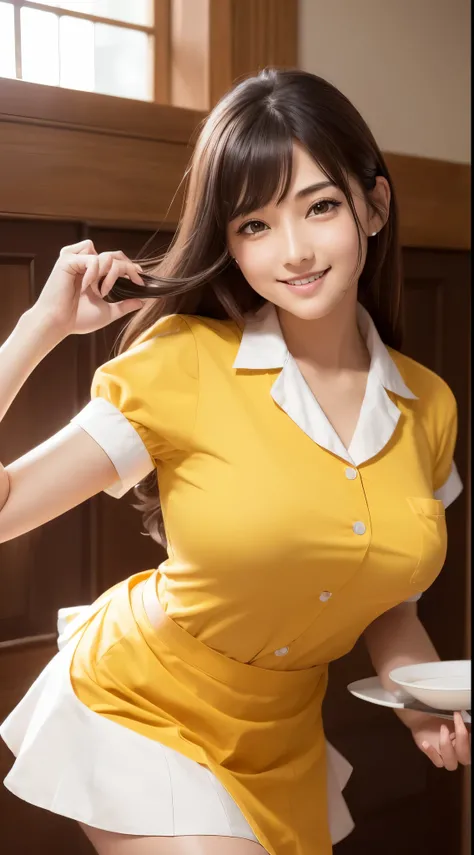  Big Girl Posing in Front of a Window、((( waitress uniform:1.2)))、((Yellow Uniform)), ((Yellow sleeves)), ((yellow skirt)), (( Orange Necktie )), (( white apron)), (((  Best Smile When You Open Your Mouth Slightly  )))、((  focus))、((people々Focus on))、(( pu...