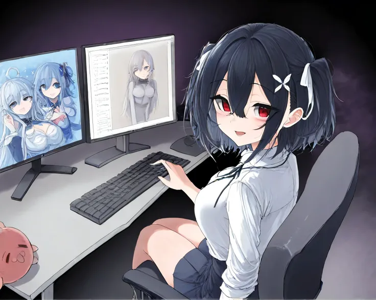 the girl is sitting at the computer in her beautiful work place with a beautiful chair, her eyes are visually burning and behind the chair everything is burning, the girl is pretending to be doing something very insidious on the computer and there are two ...