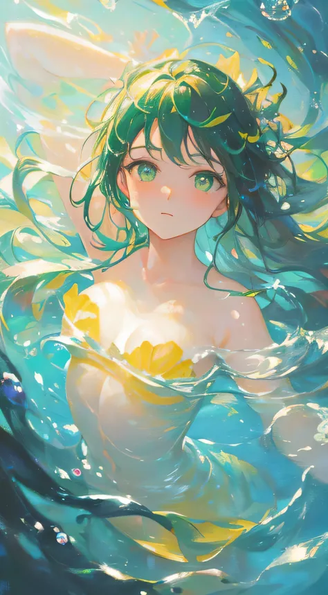 Girl swimming underwater,Ultra-detailed rendering style,shine,yellow,green,Brush,Surreal oil painting,Shining Eyes,Head close-up,Exaggerated perspective,Tyndall effect,Water Drop,Mother of pearl rainbow color,holographic white,Black background,