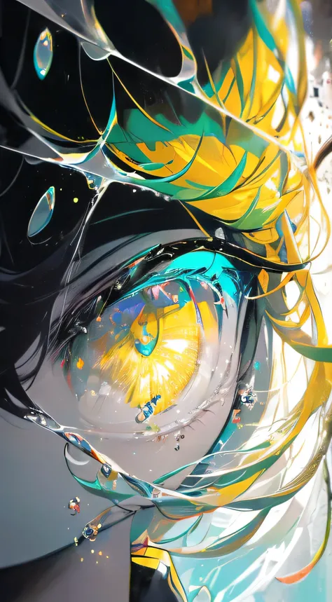 Girl swimming underwater,Ultra-detailed rendering style,shine,yellow,green,Brush,Surreal oil painting,Shining Eyes,Head close-up,Exaggerated perspective,Tyndall effect,Water Drop,Mother of pearl rainbow color,holographic white,Black background,