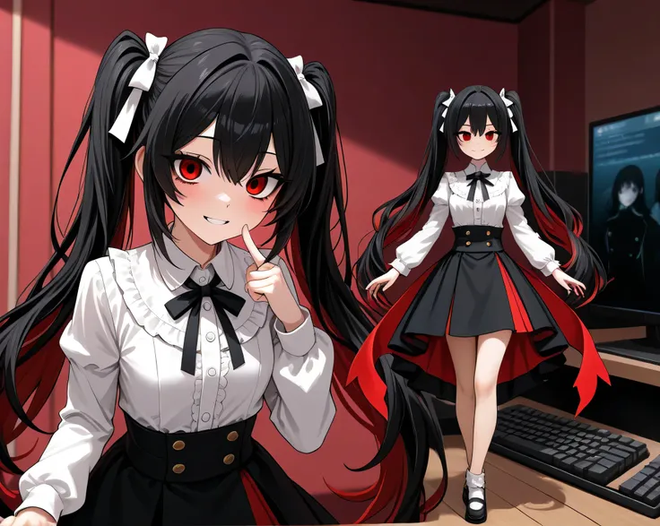 A GIRL IS SITTING AT A COMPUTER in a dark empty room in black Hair:  black hair, Short,  keyboard in deep red ,  long-sleeved white blouse .  and the front strands fall slightly on the face ,  arranged in two ponytails on the sides . eyes: Big ones,  expre...