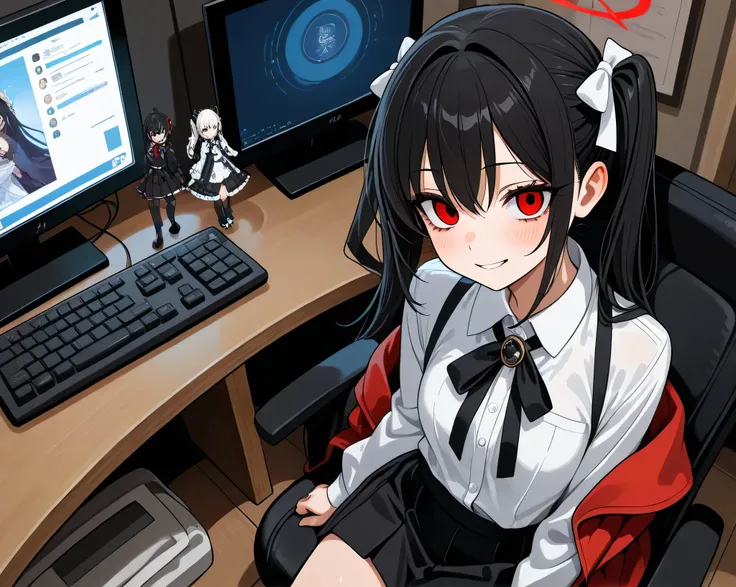 A GIRL IS SITTING AT A COMPUTER in a dark empty room in black Hair:  black hair, Short,  keyboard in deep red ,  long-sleeved white blouse .  and the front strands fall slightly on the face ,  arranged in two ponytails on the sides . eyes: Big ones,  expre...