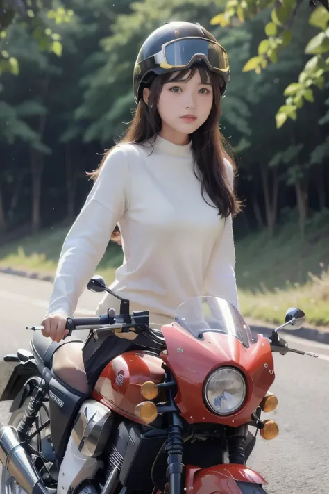 (A young female rider speeds along on a motorcycle)、Vintage Bikes、Bluff Superior SS100、Isle of Man Races、Leather jumper、Cromwell helmet with goggles、After the Rain、English countryside、(Highest quality, masterpiece, High resolution)、8k、wallpaper,masterpiece...