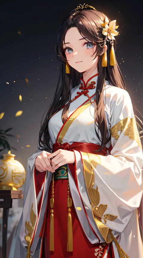 a woman in a traditional chinese dress poses for a picture, palace ， a girl in hanfu, white hanfu, hanfu, wearing ancient chinese clothes, ((a beautiful fantasy empress)), a beautiful fantasy empress, ancient chinese princess, chinese costume, with acient ...