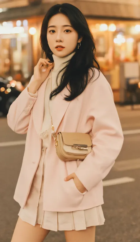 A stunning young woman dressed in modern Korean fashion. She has flawless porcelain skin, long silky black hair styled in soft waves, and bright almond-shaped eyes. She is wearing a chic and elegant outfit: a pastel-colored oversized blazer paired with a f...