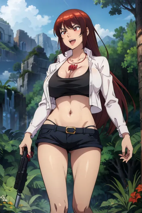 outdoors, forest, misuzujinno, red hair, long hair, red eyes,  cleavage, red diamond necklace, large breasts, red lipstick, navel,  makeup, midriff, denim shorts with open fly , black boots, holding a gun, holding pistol, , ear piercing, long hair, blush, ...