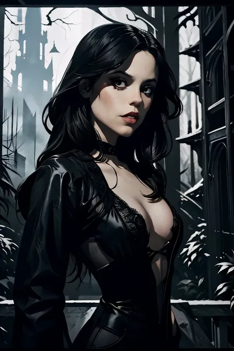 poster, jenna_Ortega, thin and athletic , deux longues tresses noires, black jumpsuit, vampire,  HD, beaucoup de détails, black and white,  touches of red on the eyes and lips, Dark forest ,  gothic castle 