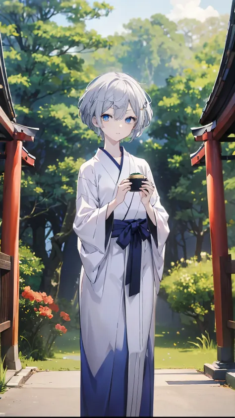  top quality 、 Silver Hair、(Whitening skin)、 sky blue eyes、 Very Short Hair,Short Hair, straight hair、Petite、 slender,Long-sleeved kimono,New Year,first visit of the year to a shrine, slender,Japanese-style room, boyish ,