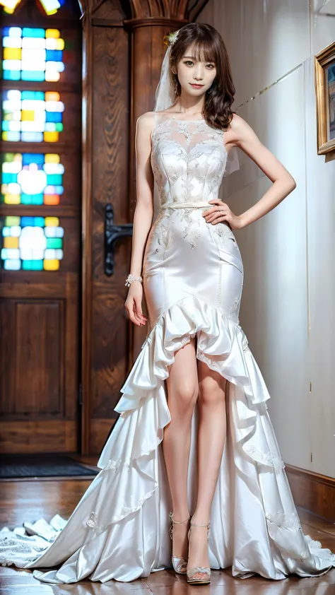 (very slim anorexic slender skinny body:1.4); skinny,Abnormally thin thighs, beautiful young Japanese woman , 18 years old, Thin legs, perfect skin,Beautiful breasts, ( wedding dress :1.3), (She is standing:1.2), full body shot , high heels by Migue...