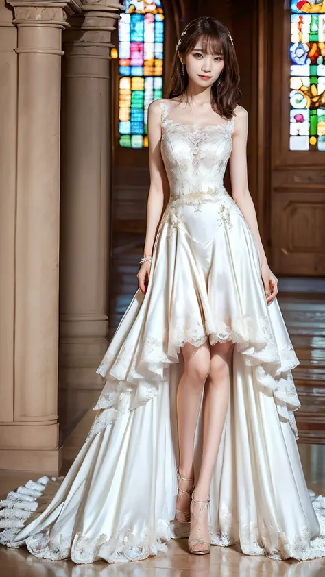 (very slim anorexic slender skinny body:1.4); skinny,Abnormally thin thighs, beautiful young Japanese woman , 18 years old, Thin legs, perfect skin,Beautiful breasts, ( wedding dress :1.3), (She is standing:1.2), full body shot , high heels by Migue...
