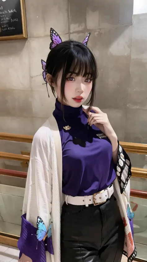 1girl, solo, kochou shinobu, butterfly hair ornament, purple eyes, multicolored hair, short hair, parted bangs, haori, wide sleeves, long sleeves, black pants, black jacket, belt, realism, masterpiece, textured skin, super detail, high detail, high quality...