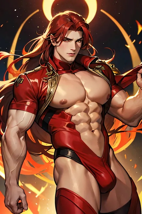 Man with long red hair,  golden eyes, lean and muscular body, Very sexy with a dick marked , Dynamic poses of a hot man , huge arms,  thick legs , Tall man,  hands with 5 perfectly designed fingers ,  man,  hot and horny man with his cock crashing, Hot man...