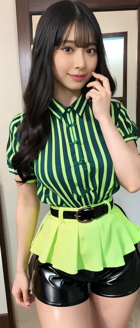  pure idol girl、、Tanned Thick Legs 、、、latex tight shorts（Fluorescent Green）、Black Striped Shirt、Cool Belt、Good style、A pure girls face、Mirror Labyrinth