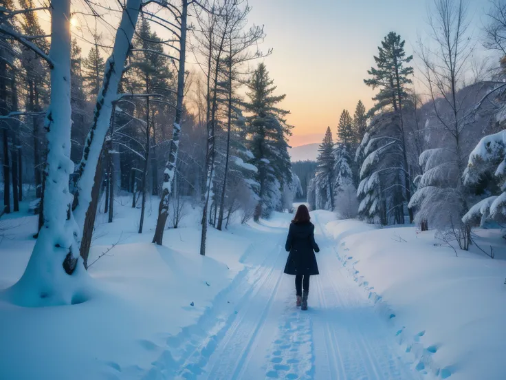 The scene opens with a panoramic view of the forest at dawn, where snow is falling in slow motion. The camera zooms in on the protagonist walking along a snow-covered path, her footsteps barely disturbing the pristine landscape. She pauses by a tall, frost...