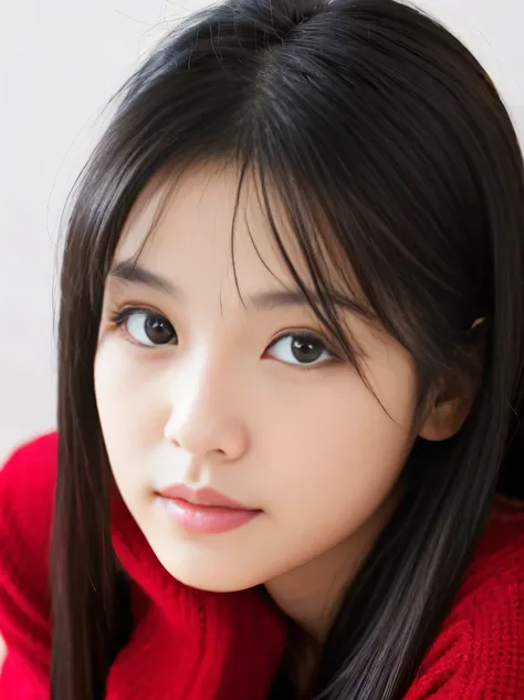 Create a close-up portrait of a 22-year-old Japanese idol woman with chin-length straight black hair and a soft, super cute, young face. She is wearing a very bright red sweater. She has a calm expression and minimal makeup, revealing her natural beauty. T...