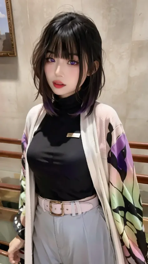 1girl, solo, kochou shinobu, butterfly hair ornament, purple eyes, multicolored hair, short hair, parted bangs, haori, wide sleeves, long sleeves, black pants, black jacket, belt, realism, masterpiece, textured skin, super detail, high detail, high quality...