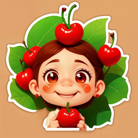 A smiling cherry with cute leaves and a friendly expression sticker :: Fruity and lovable :: Red and green colors with cute expressions :: 2D sticker