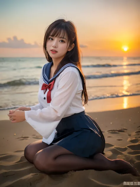 ((masterpiece)), (( top quality :1.4)), ( super detailed :1,4) ,  movie lights,
Japanese girl like an idol , Cute beautiful mature woman、 long hair , straight hair , Round face , full body shot ,  sailor suit  ,  pleated skirt、Super realistic thick tights、...