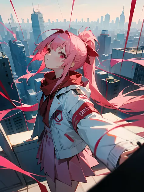 1girl, long pink hair, ponytail, pink eyes, white jacket, red skirt, wearing red ribbon as a scarf, red ribbon in hair, sad, looking up at viewer, above shot, city, absurdres, high res, ultrasharp, 8k, masterpiece