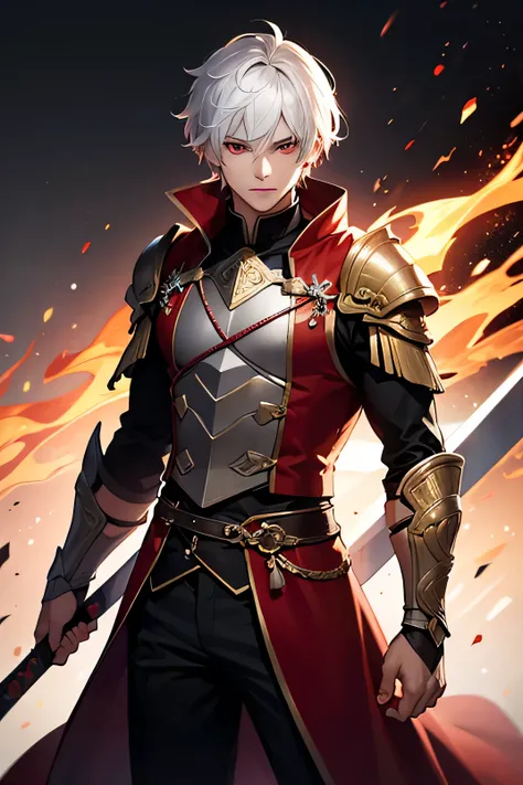 1boy, white hair, red eyes, Red noble robes, holding a sword made of fireMasterpiece, High Resolution, Accurate, Best Quality, Detail, HD, High Details, High Quality, 