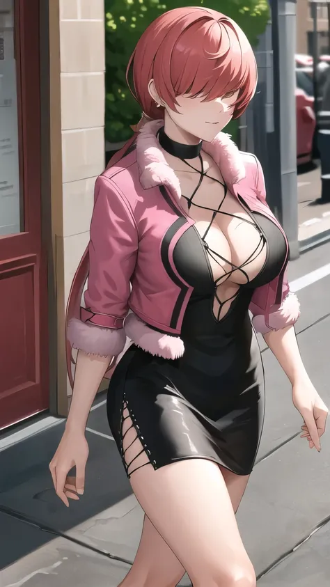 masterpiece, best quality, highres, she1, hair over eyes, split ponytail, pink jacket, cleavage, fur trim, black dress, earrings, jewelry, outdoors, street, walking