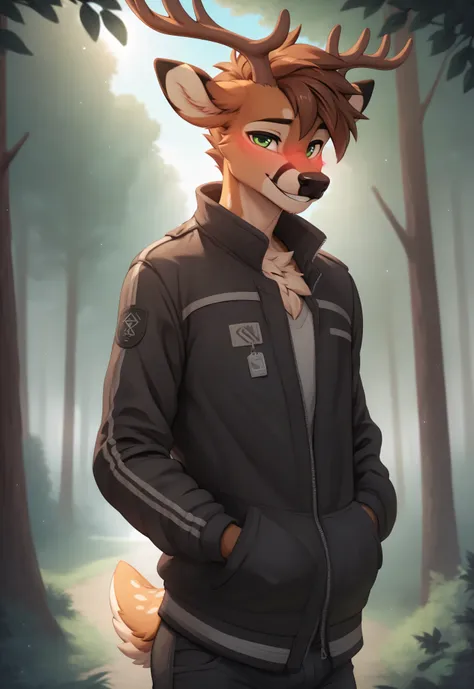 (4K HD Quality), score_9_up, score_8_up, score_6_up, anthro, solo, 1boy, male, furry, deer, brown hair, horn, green eyes, brown fingers, deer tail, 

blush, perfect smile teeth, looking at view, 

standing, day, forest, jacket, clothes, 