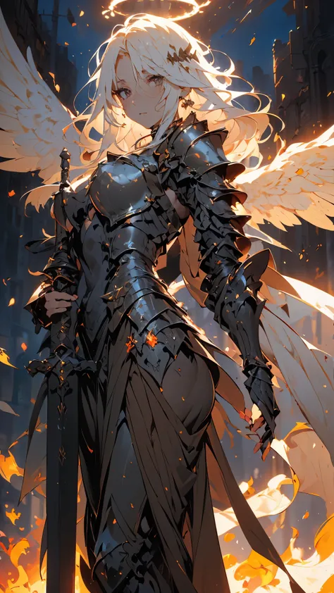 ((Best quality, 8k, Masterpiece: 1.3)), Sharp focus A beautiful woman with perfect body, Highly detailed face and skin texture, (Detailed eyes), Angel, winged angel, steel-armored angel, armed angel, white hair, messy hair, hair over shoulder, halo, Scene ...