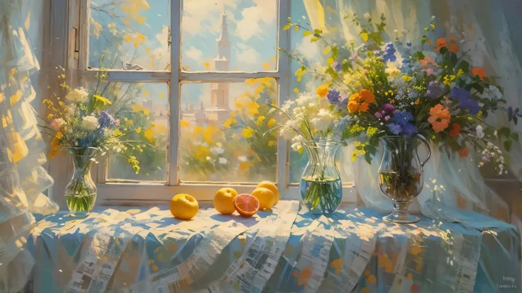 oil painting still life, vintage illustration of a window at the sunny day, iridescent light, soft light, lacy curtains, flowers, fruits, dynamic light