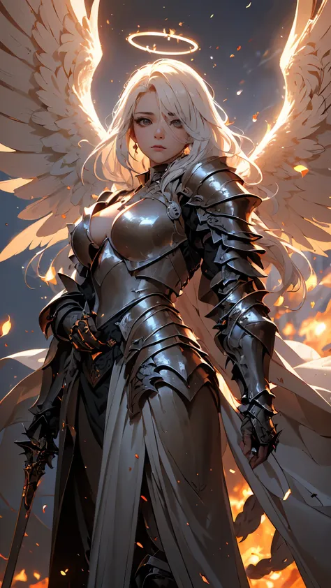 ((Best quality, 8k, Masterpiece: 1.3)), Sharp focus A beautiful woman with perfect body, Highly detailed face and skin texture, (Detailed eyes), Angel, winged angel, steel-armored angel, armed angel, white hair, messy hair, hair over shoulder, halo, Scene ...