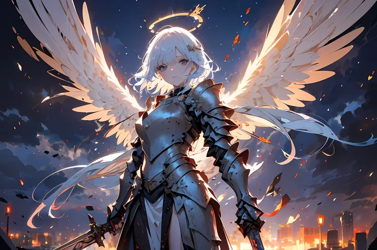 ((Best quality, 8k, Masterpiece: 1.3)), Sharp focus A beautiful woman with perfect body, Highly detailed face and skin texture, (Detailed eyes), Angel, winged angel, steel-armored angel, armed angel, light blue hair, messy hair, hair over shoulder, halo, S...