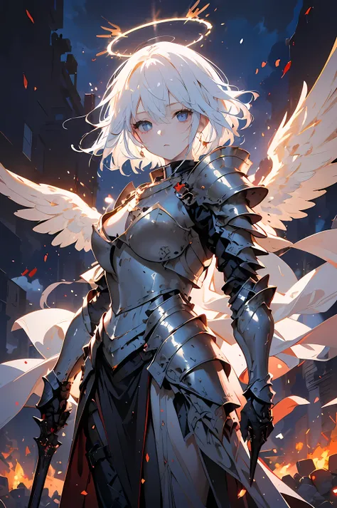 ((Best quality, 8k, Masterpiece: 1.3)), Sharp focus A beautiful woman with perfect body, Highly detailed face and skin texture, (Detailed eyes), Angel, winged angel, steel-armored angel, armed angel, light blue hair, messy hair, hair over shoulder, halo, S...